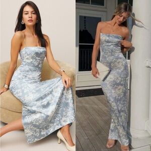 Reformation Frankie Silk Formal Dress Spaghetti Strap Porcelain Blue Floral 6